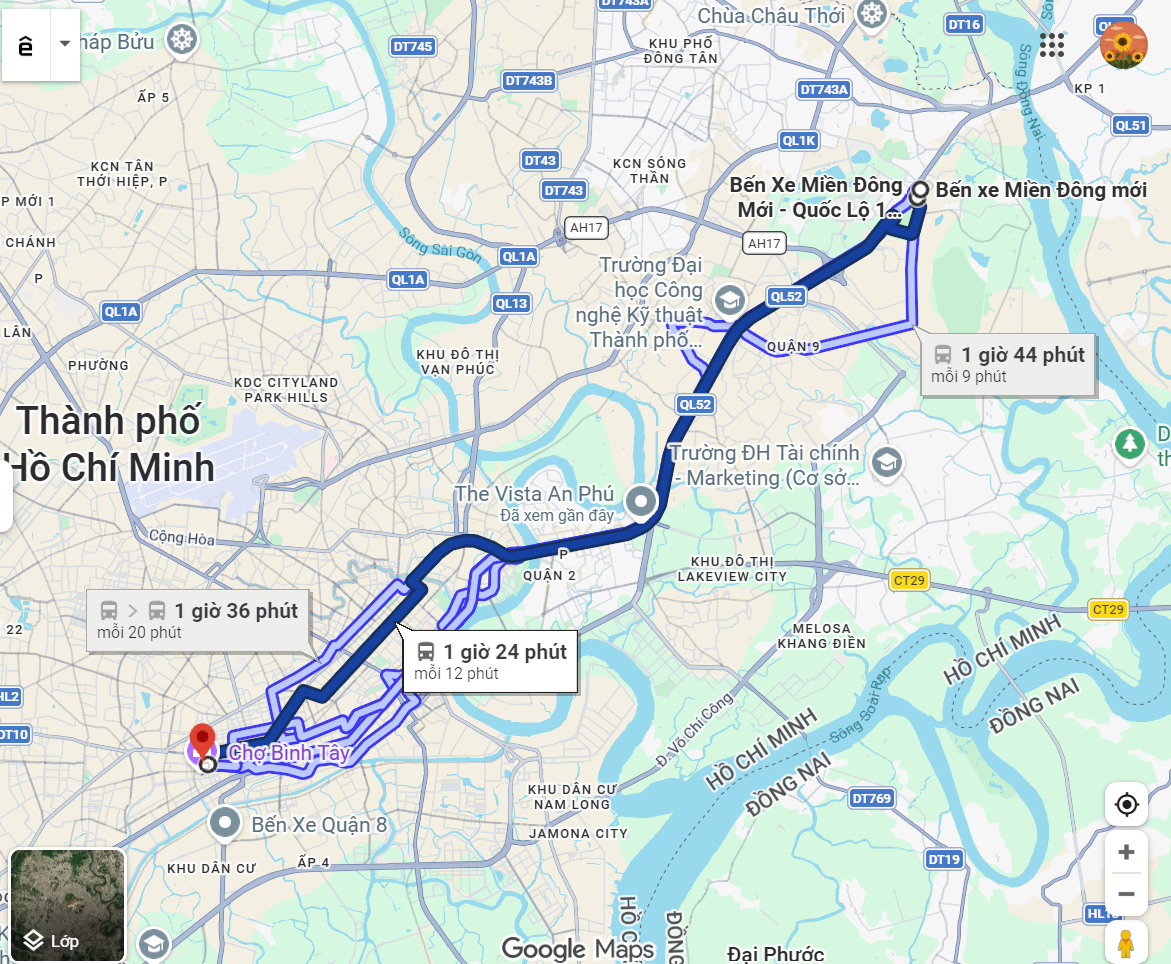 Bus route 150 map from New Mien Dong Bus Station to Cho Lon Bus Station